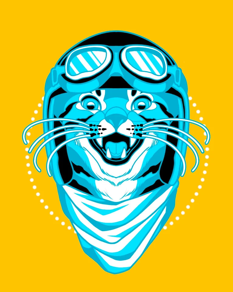 Close up of the design for the Biker Cat T-shirt - the design is of a blue and black meowing cat wearing a motorcycle helmet with goggles and a scarf on a bright yellow background.