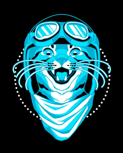 Close up of the design for the Biker Cat T-shirt - the design is of a blue and black meowing cat wearing a motorcycle helmet with goggles and a scarf on a black background.